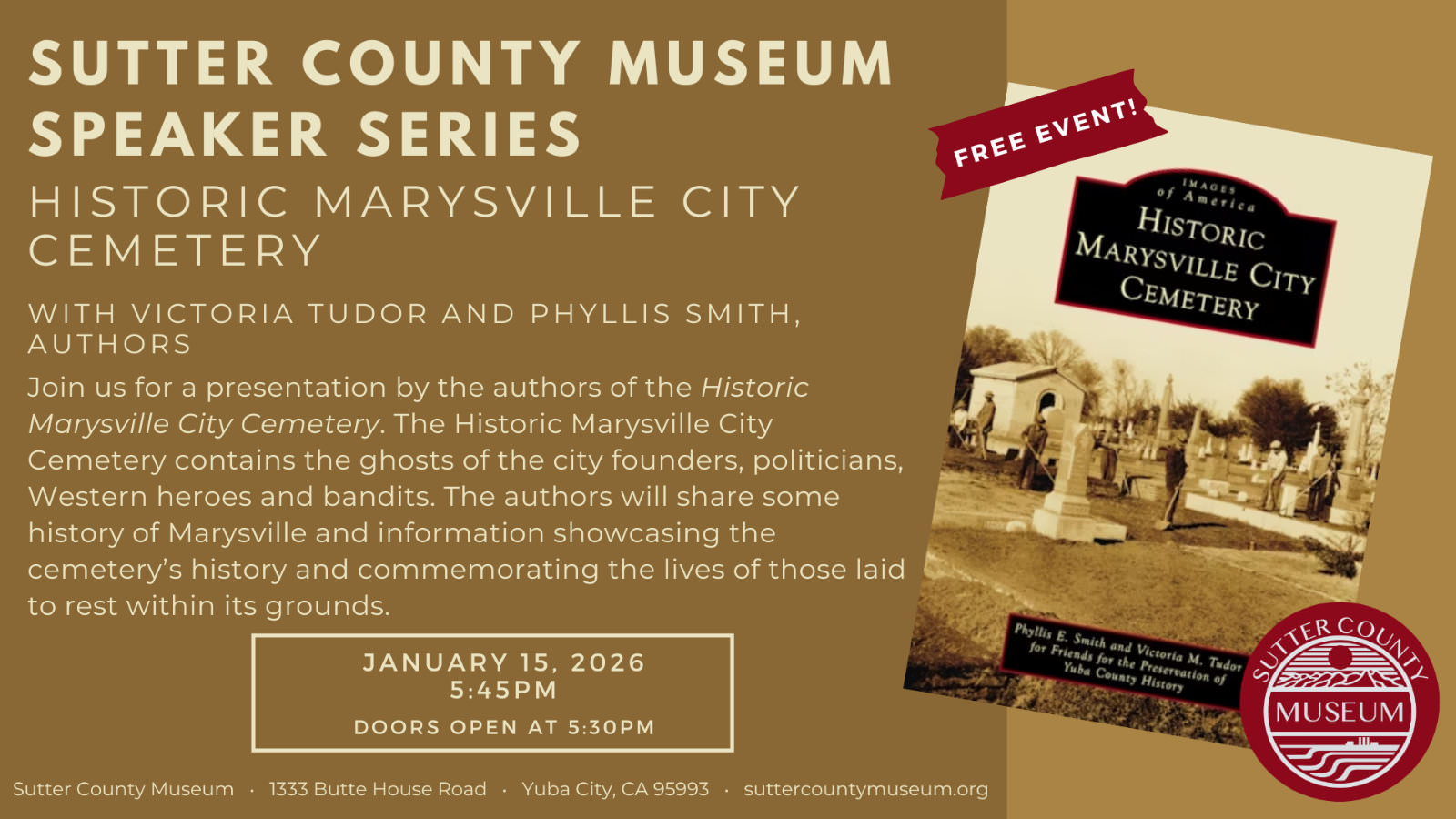 Sutter County Museum Speaker Series: <em>Historic Marysville City Cemetery</em> flyer