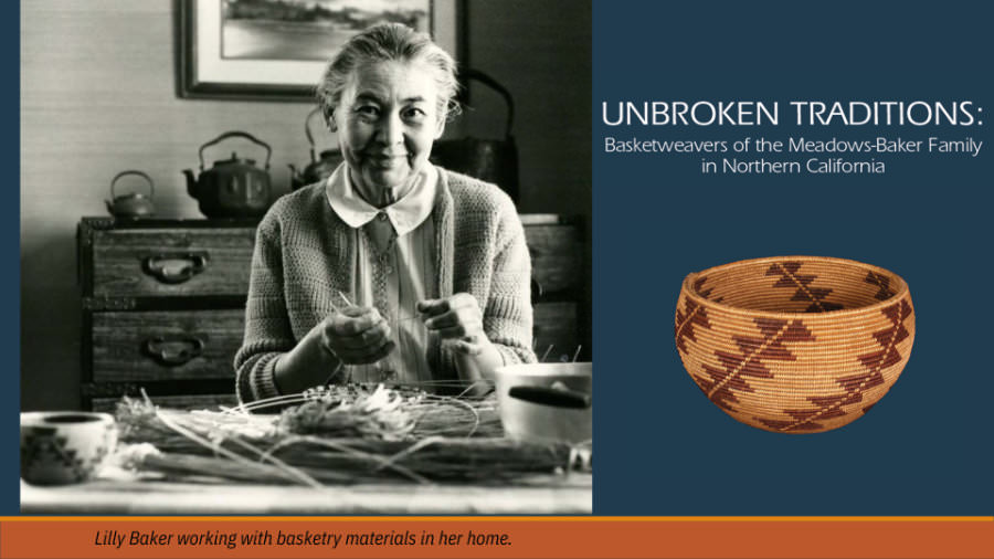 Lilly Baker working with basketry materials in her home